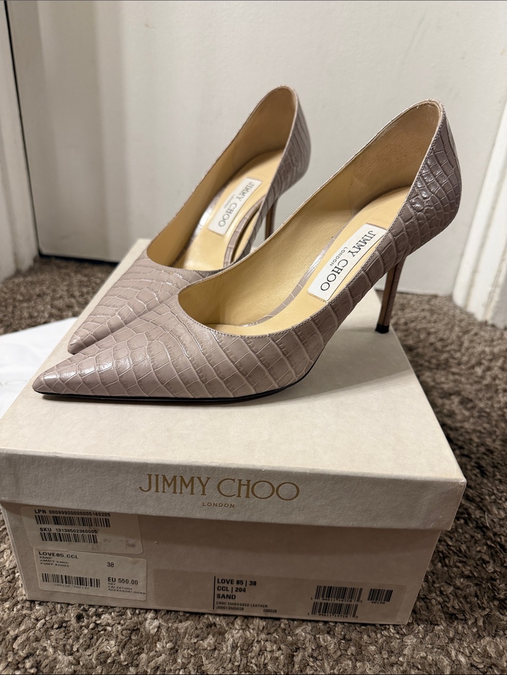 Jimmy Choo Sand Croc-Embossed Pointed-Toe Pumps